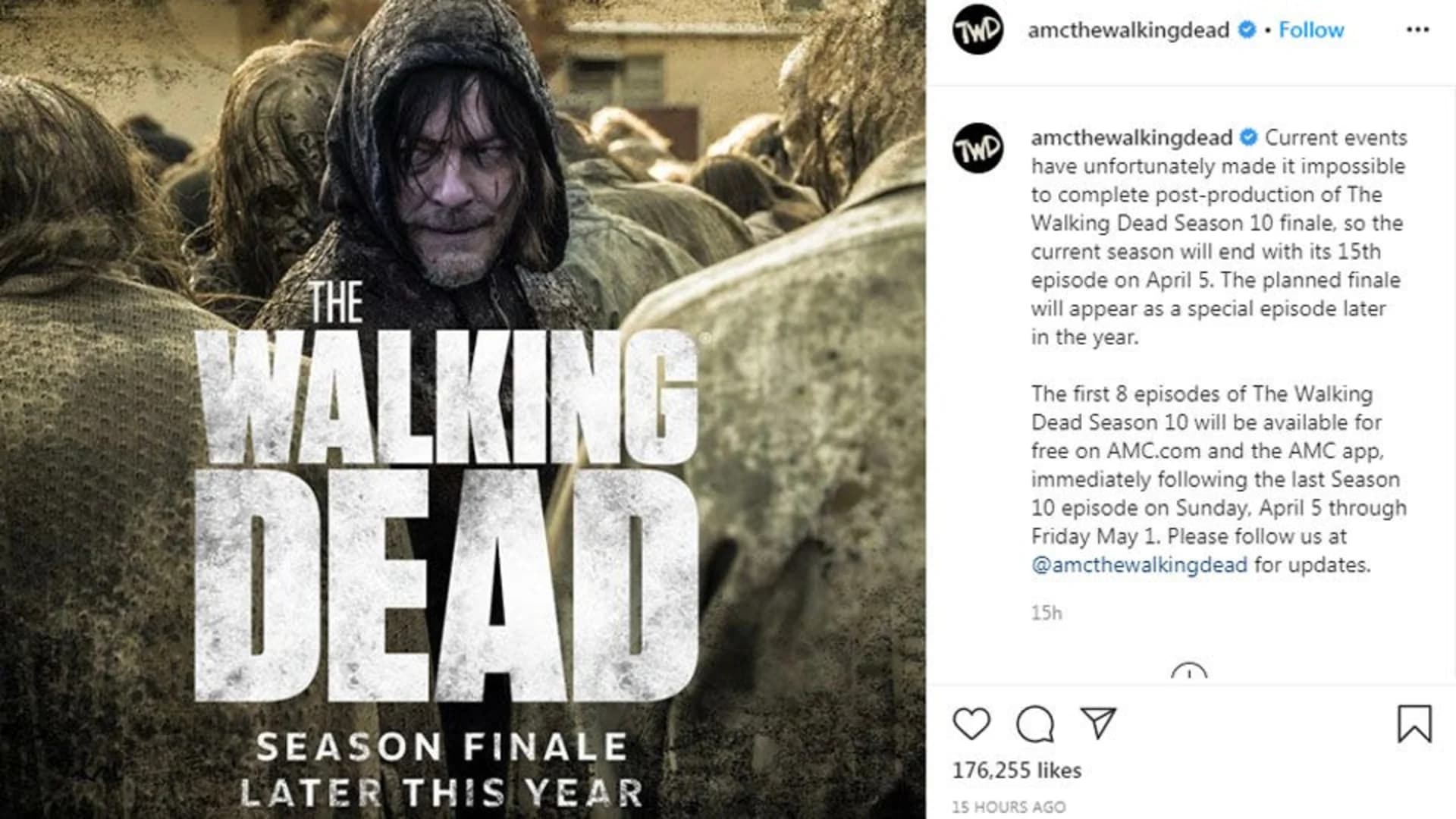 AMC postpones ‘The Walking Dead’ season finale due to coronavirus pandemic