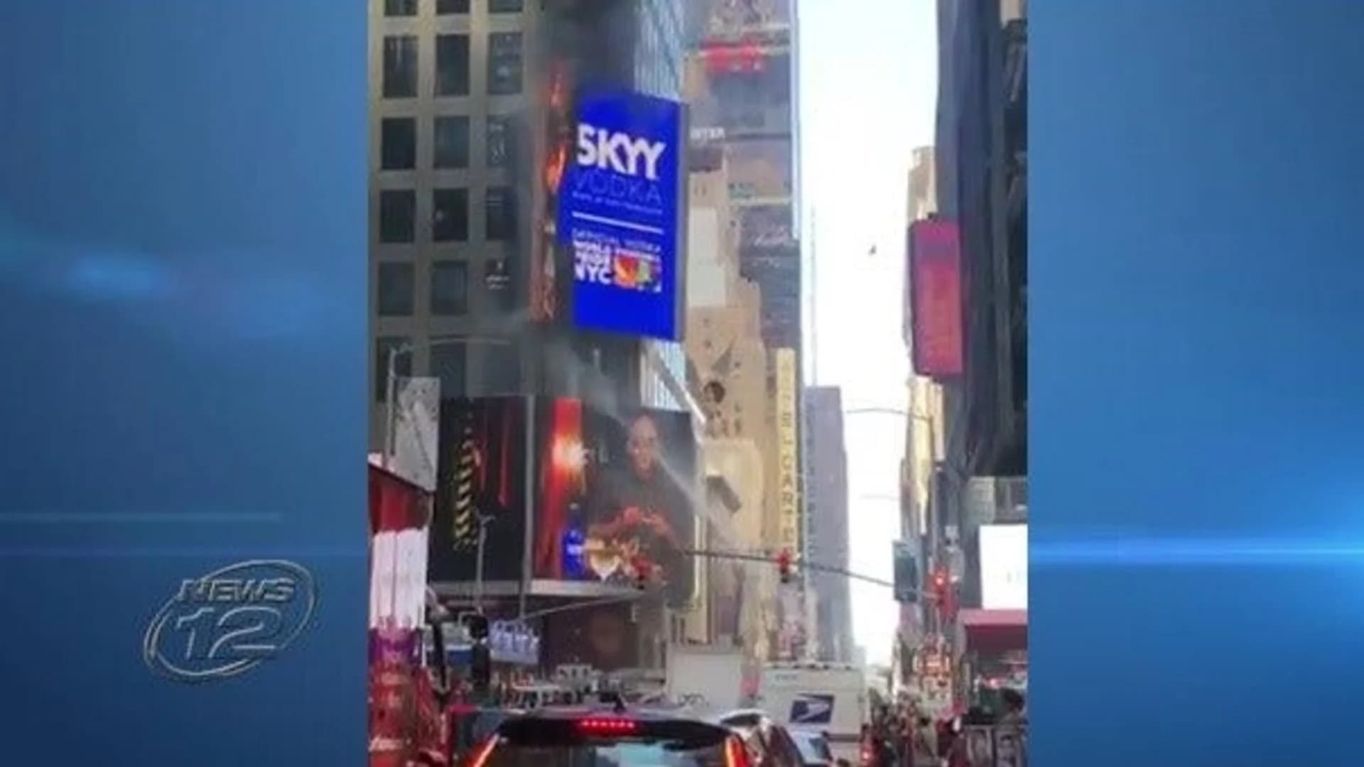 Times Square billboard erupts in flames