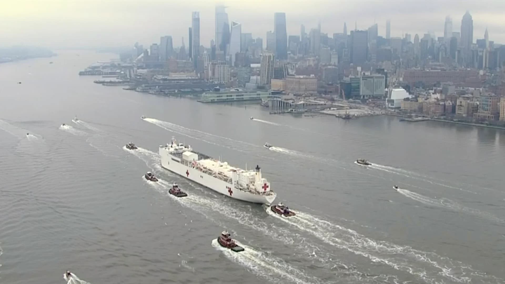 Chopper 12 above the arrival of USNS Comfort hospital ship in Manhattan